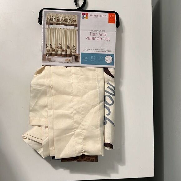 Interiors by Design Beige Brown Rod Pocket Tier Valance Set Window Curtains NWT - Picture 1 of 5